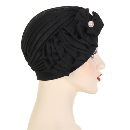 Flower Turban Hats for Women - Ruffle Bead Stretch Solid Caps Chemo Cancer Pre Tied Headscarf Headwear - color: Black