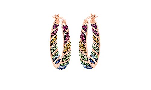 Savlano 14K Gold Plated Inside Out Multicolor Rainbow Crystal Hoop Earrings For Women Comes With Gift Box - color: Rose Gold