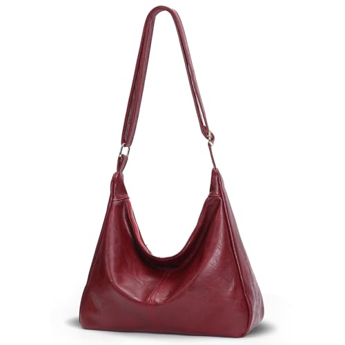 Brown Shoulder Bag for Women,Brown Leather Purse Slouchy Hobo Bags Everyday Purse Daily Commuting Bag with Zipper - color: Red