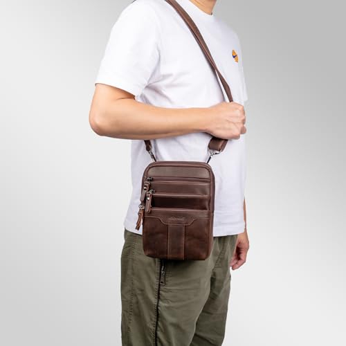 Leather Messenger Bag for Men, Small Leather Sling Shoulder Bag Messenger Pack for Men, Man Purse - color: Medium Dark Coffee