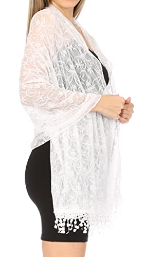 Sakkas Mari Women's Large Lightweight Soft Lace Scarf Wrap Shawl Floral and Fringe - color: Style4-white