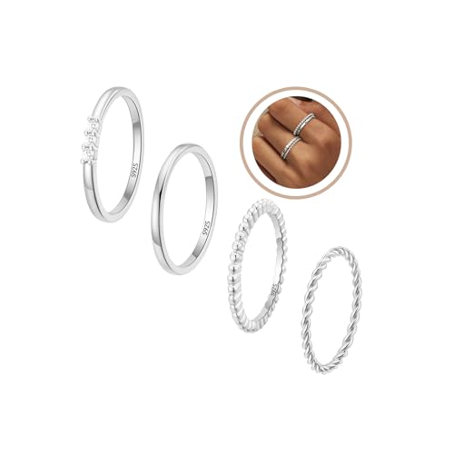 WEDDINEN 4PC Gold Rings for Women, S925 Sterling Silver 14k Gold Filled Plated Stackable Thin Thumb Ring Set Cubic Zirconia Dainty Stack Gold Knuckle Rings Set Size 6-10 - color: Silver, size: 7