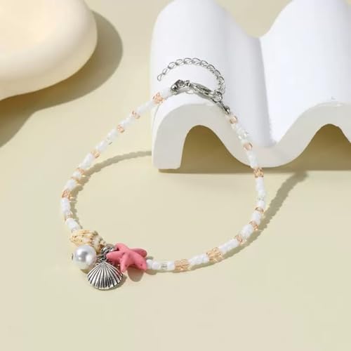 Ankle Bracelet for Women Beach Puka Shell Anklet Waterproof Starfish Seashell Pearl Anklets Stretch Beaded Ankle Bracelets Boho Beach Anklet Jewelry for Summer Beach Party - color: Pink