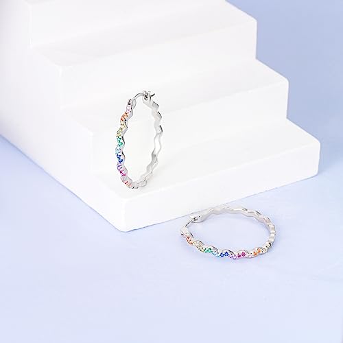NARMO 925 Sterling Silver Hoop Earrings for Women Hypoallergenic Lightweight Simple Huggie Hoop Earrings Twisted Hoop Earrings Colorful Cubic Zirconia Hoop Earrings Rainbow Hoop Earrings - color: Rainbow