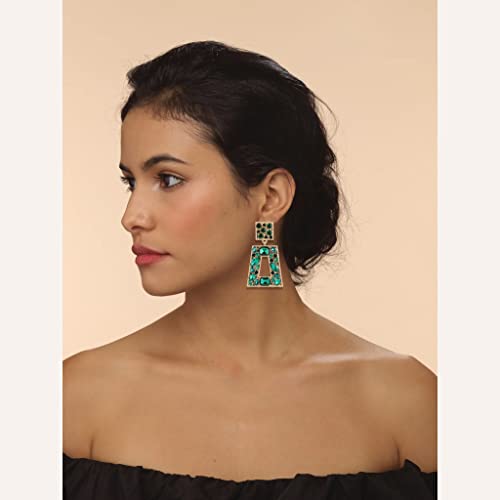 Rhinestone Rectangle Statement Earrings Colorful Crystal Geometric Drop Dangle Earrings for Women Prom Party - color: Green
