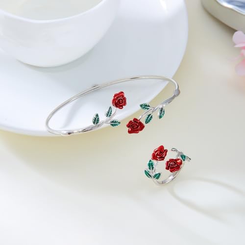 Dtja Vintage Rose Flower Bangle Cuff Bracelet Red Floral Statement Expandable Adjustable Ring for Women Antique Tribal Theme Green Leaf Jewelry for Valentine Christmas Holiday 2 Piece Set - color: Silver-Toned