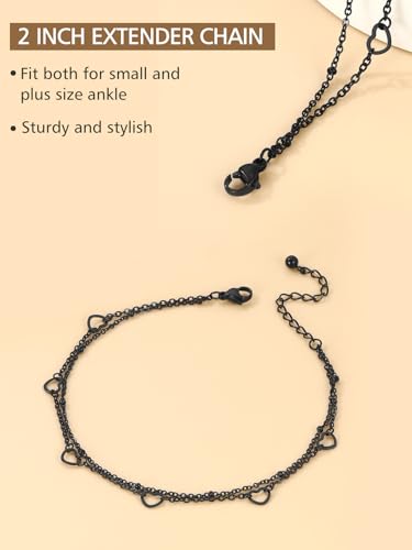 FindChic Black/Silver/Gold Plated Anklets Set of 2PCS/3PCS Herringbone Chain Cuban Link Heart Charm Sparkling Tennis Ankle Bracelets, Waterproof Summer Foot Jewelry for Beach - color: 07. Black-Layered Heart Charm