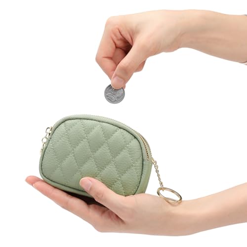 SENDEFN Women's Coin Purse Genuine Leather Wallet Small 2 Zippers Change Pouch Purse with Keychain Ring - color: 2-Green