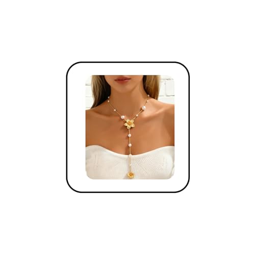 Chunky Gold Flower Necklace Boho Layered Colorful Crystal Necklace Large Floral Rhinestone Lariat Necklace Y-Shaped Long Necklace Summer Beach Fashion Jewelry Accessary for Women - color: Pearl