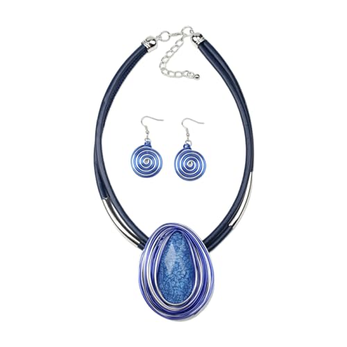 Ethnic Crystal Rhinestone Pendant Necklace Earrings Set Women Handmade Tribal Collar Choker Chunky Metal Bib Rope Chain African Statement Jewelry Set - color: NXR1484-blue