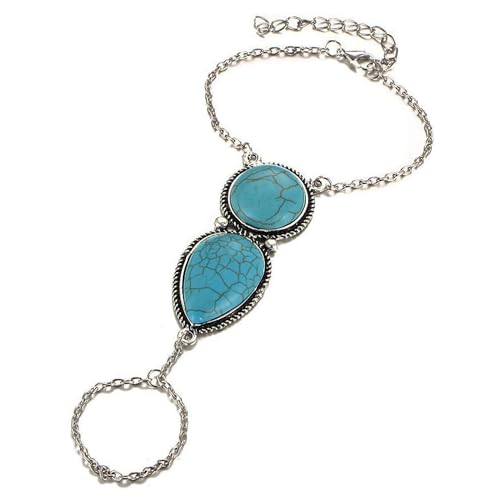Boho Hand Chain Turquoise Finger Ring Ethnic Ring Vintage Turquoise Hand Harness Slave Bracelet Jewelry for Women