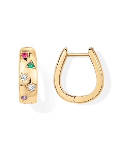 PAVOI 14K Gold Plated 925 Sterling Silver Posts Chunky Huggie Earrings for Women | Multi-Colored Cubic Zirconia Statement Hoop Earrings - color: Yellow Gold