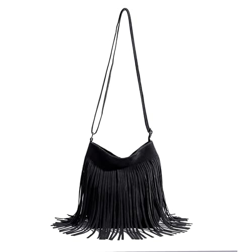 Western Fringe Crossbody Bag for Women Boho Adjustable Shoulder Purse, Vintage Suede Small Handbag for Music Festival & Party - color: Black