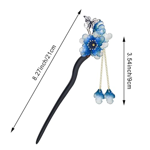 Blue Plum Blossom Resin Hairpin with Wooden Stick Elegant Tassel Chinese Hanfu Style Hair Fork for Women Girls