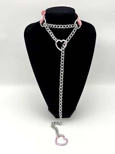 Black Leather Choker Collar For Women, Handmade Heart Slip Chain Choker Long Necklace with Adjustable Buckle - color: B-Pink-Silver-Pink, size: 24''chain