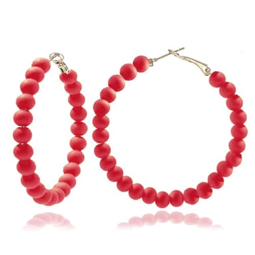 Chic Resin Beaded Hoop Earrings Colorful Candy-colored Acrylic Circular Round Dangling Boho Earrings for Women Minimalist 80S Geometric Party Jewelry - color: red