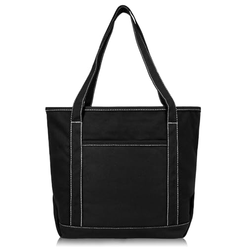 DALIX 20" Solid Color Cotton Canvas Shopping Tote Bag in Black-White - color: Black-white