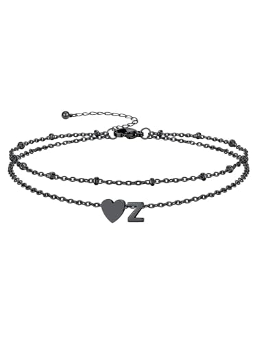 Silvora Ankle Bracelets for Women Waterproof 14K Gold/Silver/Black Initial Anklet for Women Dainty Layered Heart Ankle Bracelets Stainless Steel Adjustable Foot Chain Anklet Summer Beach Jewelry - color: Black-Stainless Steel, size: 26.Z