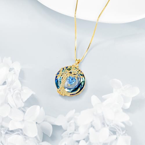 POPLYKE Mothers Day Gifts for Mom Her Wife Tree of Life Necklace 925 Sterling Silver Birthstone Pendant with Crystal Anniversary Birthday Wedding Jewelry for Women - color: 12-Dec-Blue Topaz, style: 18K Gold Plated-Blue Crystal