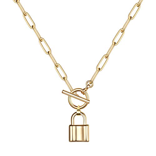 Turandoss 14K-Gold-Plated Necklaces for Women - Lock Evil Eye Medallion Vintage Coin Necklace Bee Sun Moon Shell Chain Necklace Layered Paperclip Chain Necklaces for Women Jewelry Gifts - style: "1-Lock Link Choker