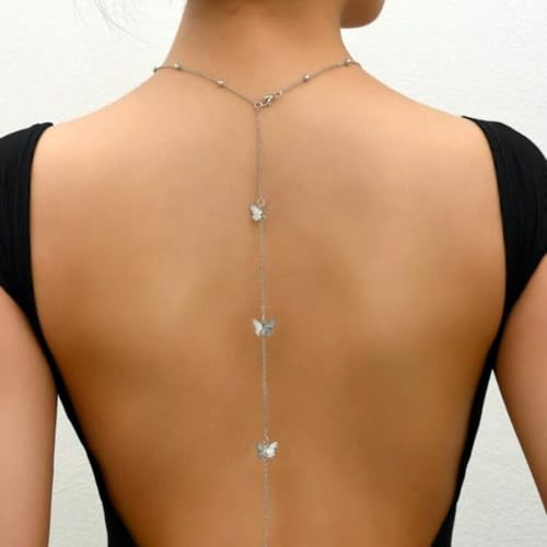 Rhinestone Back Chain Necklace for Women Bridal Wedding Sexy Rhinestone Backdrop Chain Waist Belly Chains Trendy Body Chains Jewelry - style: D-SilverC
