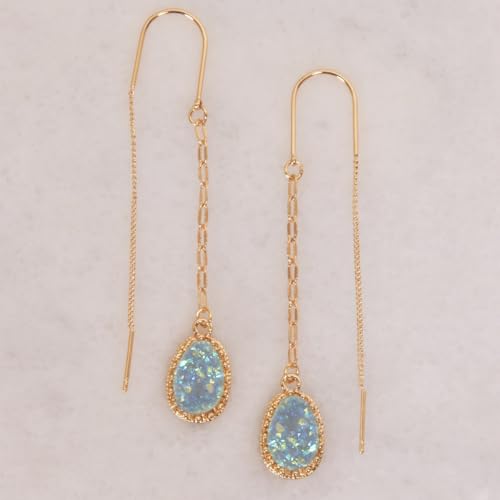 Simulated Druzy Threader Earrings for Women - Gold, Silver, or Rose Gold Tone Long Chain Earrings with Boho Created Geode Stone - color: Gold - Light Blue Stone