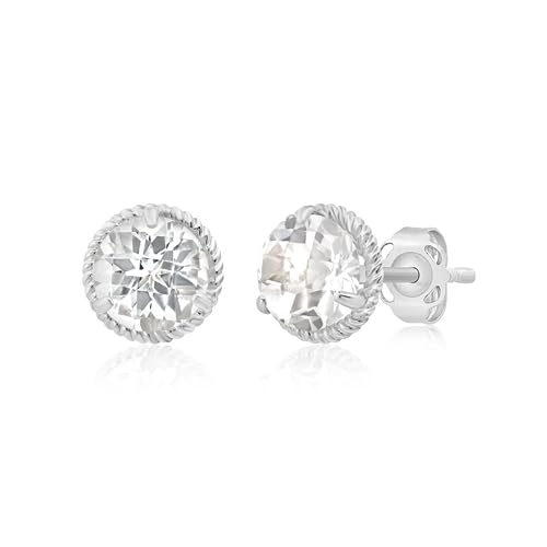 14k White or Yellow Gold Roped Halo Gemstone Round Stud Earrings for Women 6mm Birthstone with Push Backs by MAX + STONE - color: Topaz-White