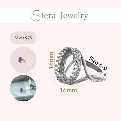 925 Sterling Silver Adjustable Ring Blank with 12-16 mm Round Bezel Setting with Decorative Crown Trim - color: Oxidized-Silver, size: Size 16