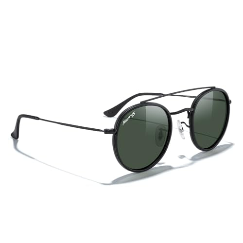 MERRY'S Retro Round Polarized Sunglasses - Unisex Double Bridge Sun Glasses - color: Matte Black Frame/Matte Black Bridge/G15 Lens