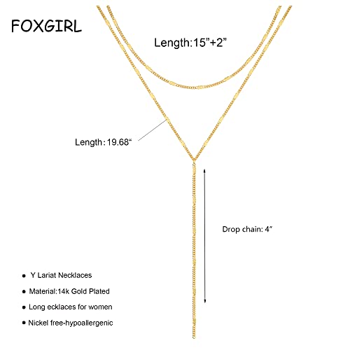 Foxgirl Lariat Gold Necklace for Women, Dainty Long Necklace 14k Gold Plated/Silver Y-Shaped Pendant Necklace Trendy Layered Cz Beaded Chain Drop Necklaces Simple Gold Jewelry For Women Gift - color: Y Layered Bar-GD