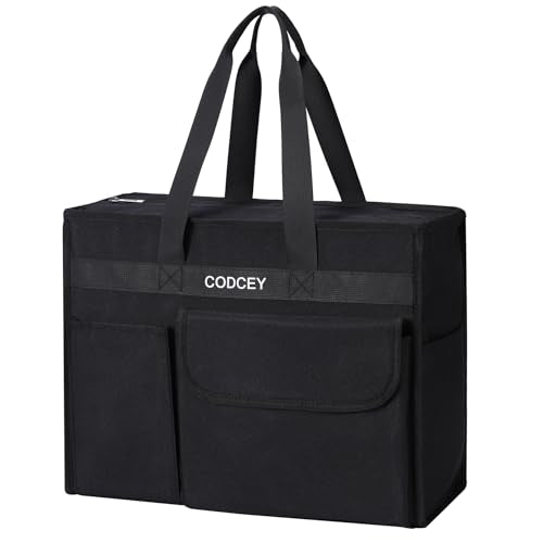 Large Utility Tote Bag with Reinforced Bottom, Waterproof Multi Pockets Beach Tote Bag for Travel, Work, School - color: Black