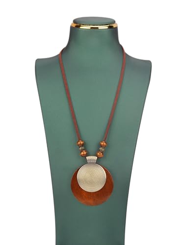 Kelake Leather Necklace for Women Men Teen Vinatge Boho Alloy Pendant Choker Jewelry Fashion Sweater Necklaces with Adjustable Genuine Leather Chain - color: Brown Wood & Gold 2 Layers Round Pendant
