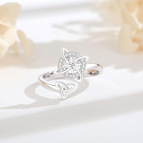 Vito 925 Sterling Silver Adjustable Open Spoon Ring for Women Men, Lotus Sunflower Snake Spoon Band Rings Feather Hug Witches Knot Inspirational Jewelry Gift for Wife - style: Witches Knot-Cubic Zirconia