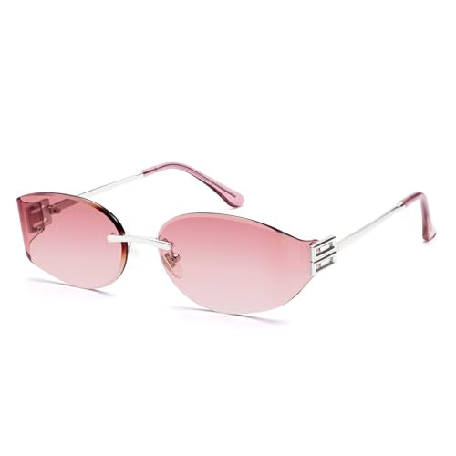 SOJOS Trendy Oval Sunglasses for Women,Fashion Rimless Metal Sun Glasses Y2K Style UV400 Protected SJ1271 - color: Burgundy