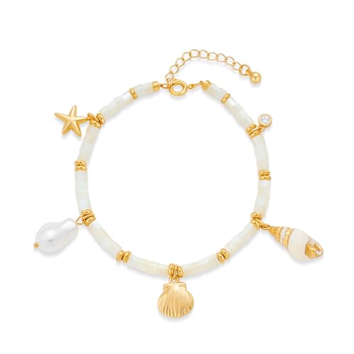 Gold Charm Bracelet for Women Boho Adjustable Shell Starfish Bracelet Summer Beach Ocean Statement Bracelets - color: White bead bracelet