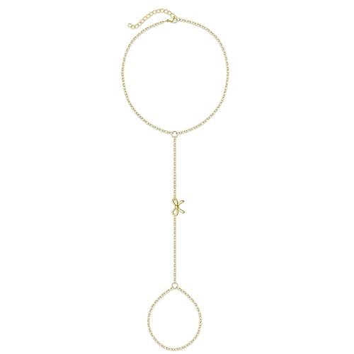 Gokeey Gold Hand Chain Bracelet for Women Trendy, Dainty 14k Gold Plated Ring Bracelet Hand Chain Finger Ring Slave Cuff Bracelet Cubic Zircon Hand Jewelry for Women Accessories - style: cute Bow hand chain