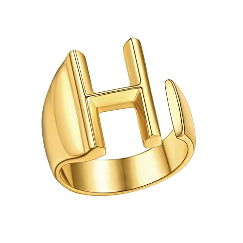 FindChic Customizable Initial Ring Statement 18K Gold Plated Fashion Cuff Rings for Women Alphabet Letter A to Z Resizable Knuckle Ring (with Gift Box) - color: H
