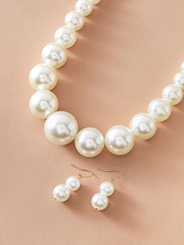 Fuqimanman2020 Chunky Large Simulated Pearl Choker Necklace Drop Dangle Earrings Crystal Bib Big Round Beaded Strand Multicolor Costume Statement Wedding Jewelry Set for Women Brides - color: Beige