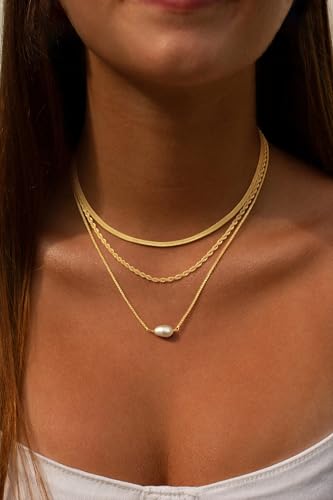 BERISO 14K Gold Plated Layered Necklace for Women, 3 Layer Dainty Gold Necklace with Minimalist Pendant, Elegant Everyday Gold Jewelry Gift - style: layered necklace-D