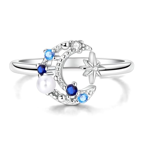 PARCOM Adjustable Women Stackable Ring, 925 Sterling Silver Open Rings - Trendy Eternity Cubic Zirconia Stackable Band Engagement Promise Ring for Her, Hypoallergenic Non Tarnish Nature Bird Floral Thumb Rings - color: Starry Night Pearl