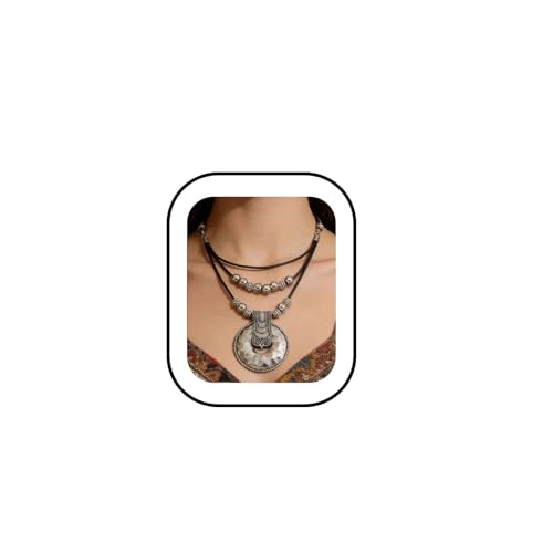 Chunky Boho Leather Necklace for Women,Silver Vintage Long Necklaces Hammered Circle Pendant Beaded Necklace Trendy Jewelry Gifts for Women