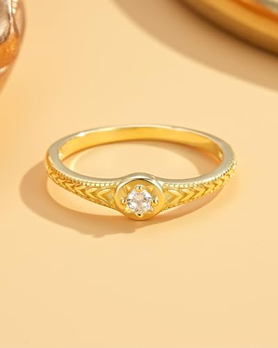 YeGieonr 14K Gold Plated Signet Rings for Women Non Tarnish 925 Sterling Silver Dainty Stackable Gold Ring, Waterproof Engraved Flower Thin Band Unique Everyday Jewelry Gift - color: Gold-Star