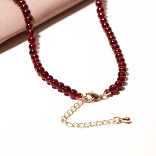 Simple Choker Necklace for Women Real Stone and Crystals Necklaces 4mm Beaded Choker Jewelry Meditation Gift for Women (16"+2") - style: Garnet