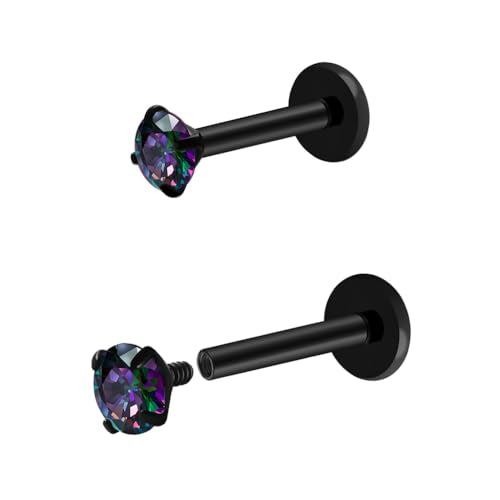 16G 18G Titanium Internal Thread CZ Stud Earrings Flat Back, Silver Black Tragus Helix Conch Cartilage Piercing Jewelry for Women Men 6mm 8mm 10mm Labret Studs 2PCS - color: Black, 16g, 8mm bar, 3mm RQ CZ