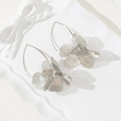 Gold Flower Statement Earrings for Women Boho Trendy Hoop Earrings Floral Dangle Petal Earring Prom Wedding Jewelry Gifts - color: B2:silver