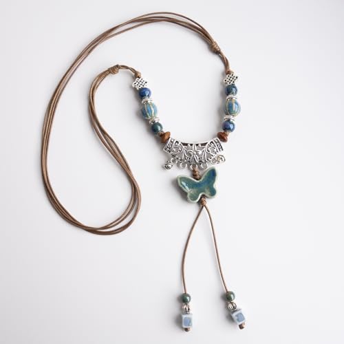Boho Colorful Ceramic Bead Necklace for Women, Butterfly Pendant Necklace, Handmade Bohemian Statement Jewelry Gifts for Mom - color: Blue