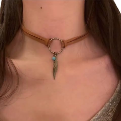 ONLYJUMP Boho Turquoise Leather Choker Necklace for Women Bohemian Handmade Leaf Layered Black Brown Suede Western Cowlady Necklace Western Country Party Jewelry Gifts - style: Blue