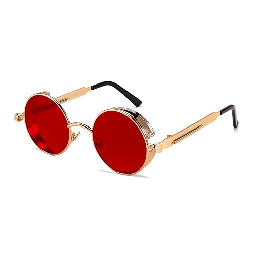 FEISEDY Retro Gothic Steampunk Sunglasses Round Metal Frame Punk Circle Inspired Shade Men B1857 - color: Gold/Red