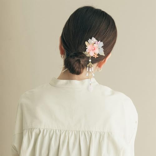 2PCS Chinese Hair Sticks Pink Flower Hair Pins Hanfu Tassel Hair Chopsticks Floarl Dangling Hair Fork Vintage Hair Accessories for Buns Long Hair Women