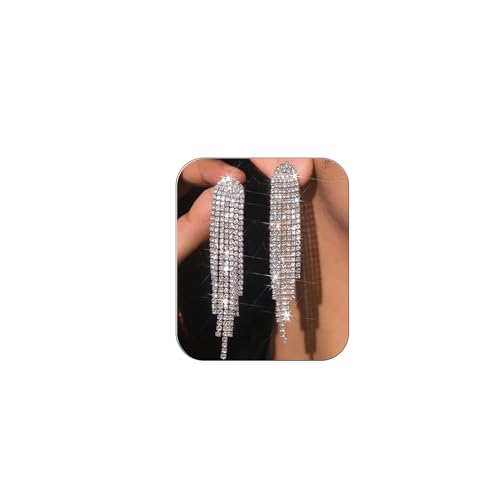 Rhinestone Tassel Earrings Sparkly Long Fringe Crystal Chandelier Dangle Drop Earrings Wedding Party Prom Earrings Premium Iridescent Earrings Wedding Party Jewelry Gifts for Women - color: Silver